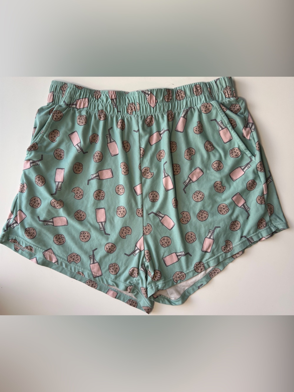 POP Fit Pajama Set Milk & Cookies Mint Green Print Tank and Lounge Shorts Large - Picture 2 of 7